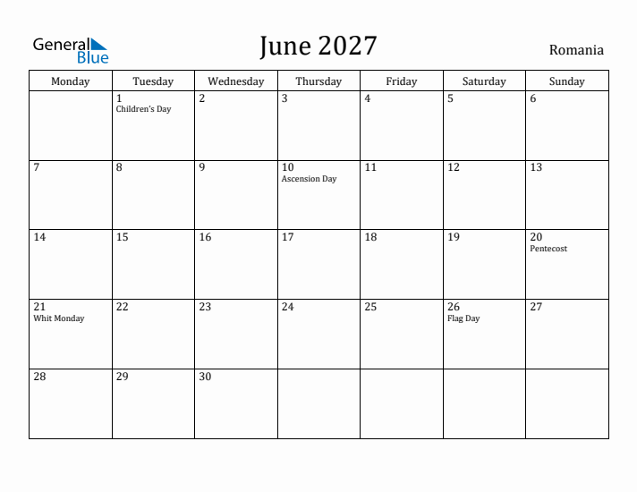 June 2027 Calendar Romania