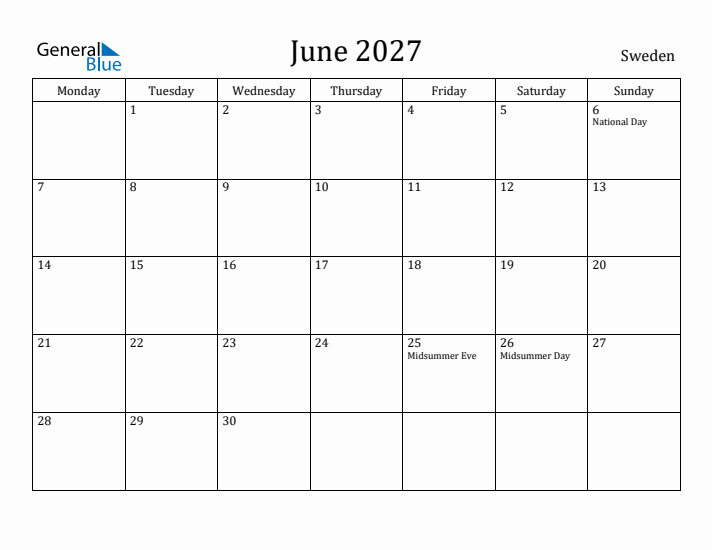 June 2027 Calendar Sweden