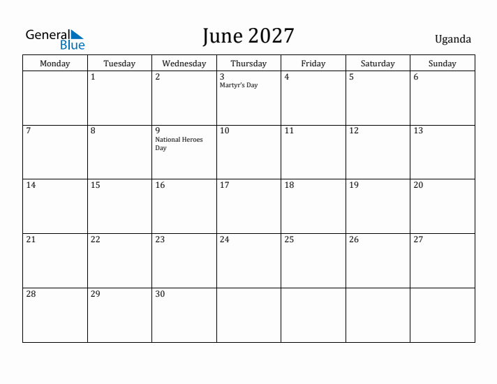 June 2027 Calendar Uganda