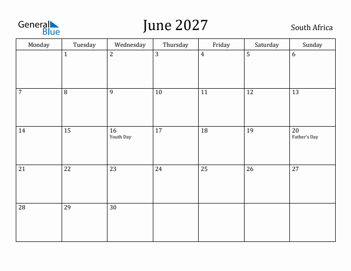 June 2027 Calendar South Africa