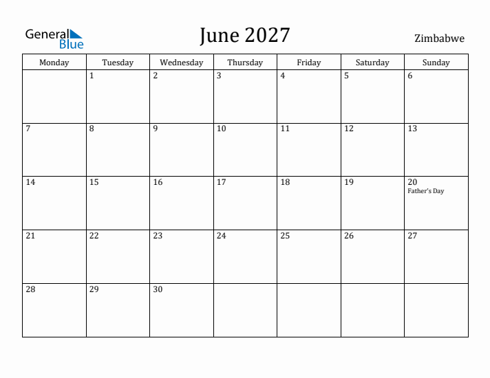 June 2027 Calendar Zimbabwe