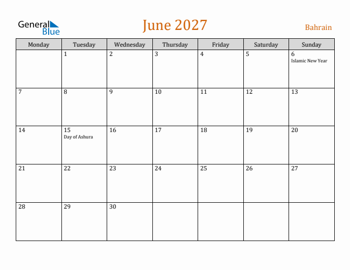 June 2027 Holiday Calendar with Monday Start