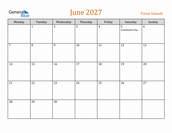June 2027 Holiday Calendar with Monday Start