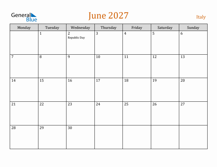 June 2027 Holiday Calendar with Monday Start