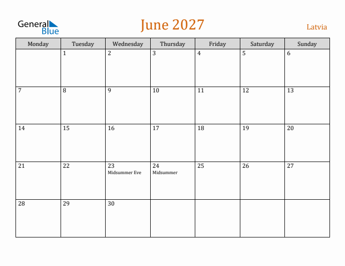 June 2027 Holiday Calendar with Monday Start