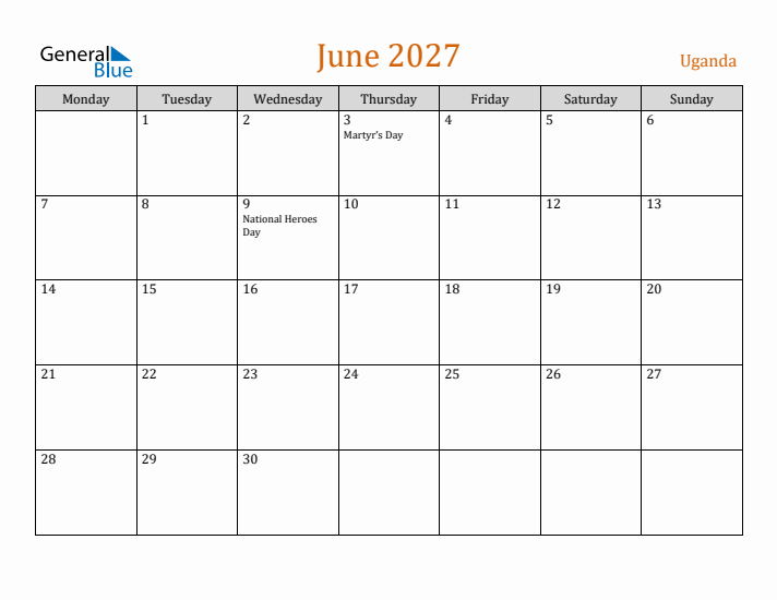 June 2027 Holiday Calendar with Monday Start