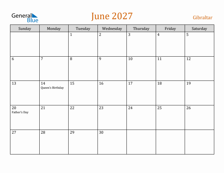 June 2027 Holiday Calendar with Sunday Start