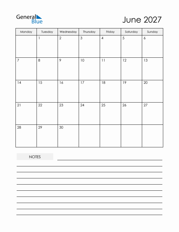 Printable Calendar with Notes - June 2027 