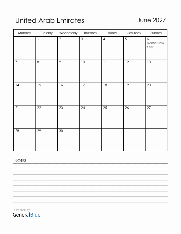 June 2027 United Arab Emirates Calendar with Holidays (Monday Start)