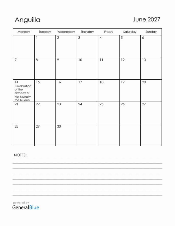 June 2027 Anguilla Calendar with Holidays (Monday Start)