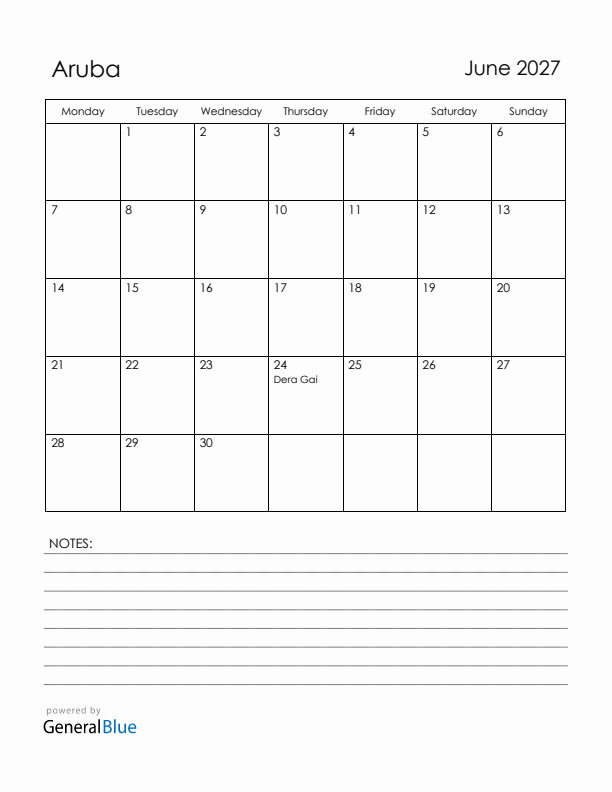 June 2027 Aruba Calendar with Holidays (Monday Start)
