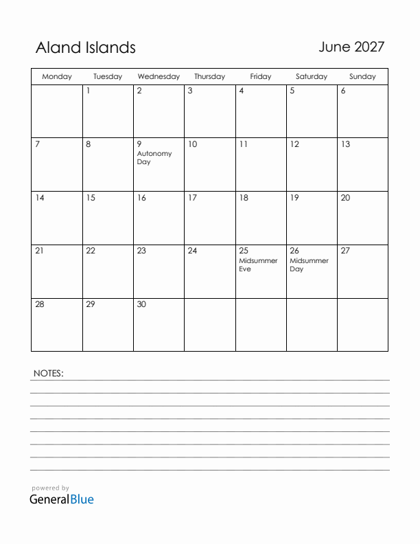 June 2027 Aland Islands Calendar with Holidays (Monday Start)