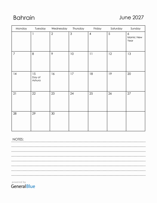 June 2027 Bahrain Calendar with Holidays (Monday Start)