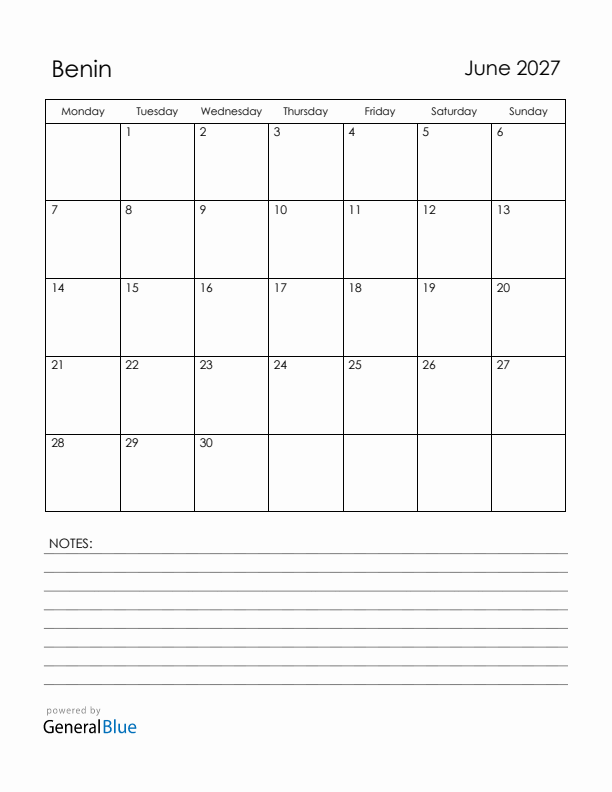 June 2027 Benin Calendar with Holidays (Monday Start)
