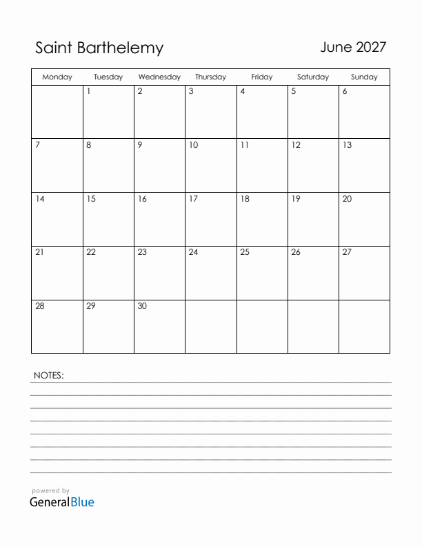 June 2027 Saint Barthelemy Calendar with Holidays (Monday Start)