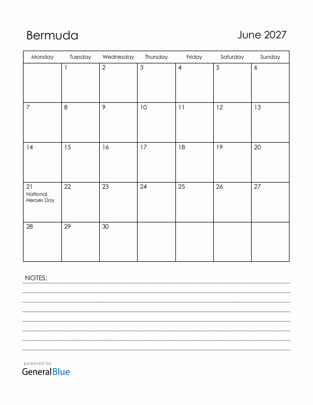 June 2027 Bermuda Calendar with Holidays (Monday Start)