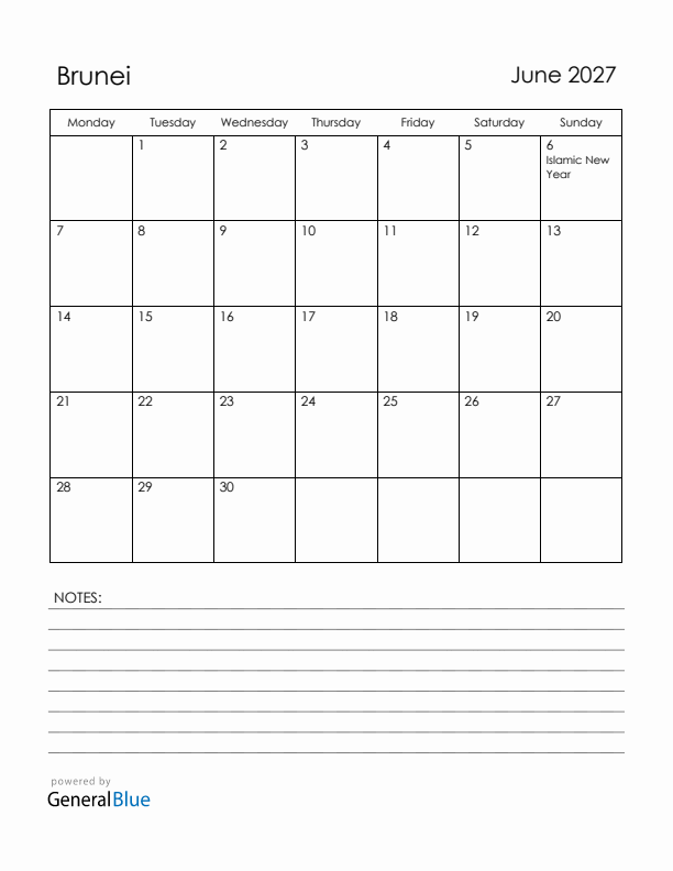 June 2027 Brunei Calendar with Holidays (Monday Start)