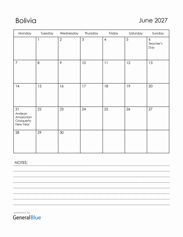 June 2027 Bolivia Calendar with Holidays (Monday Start)