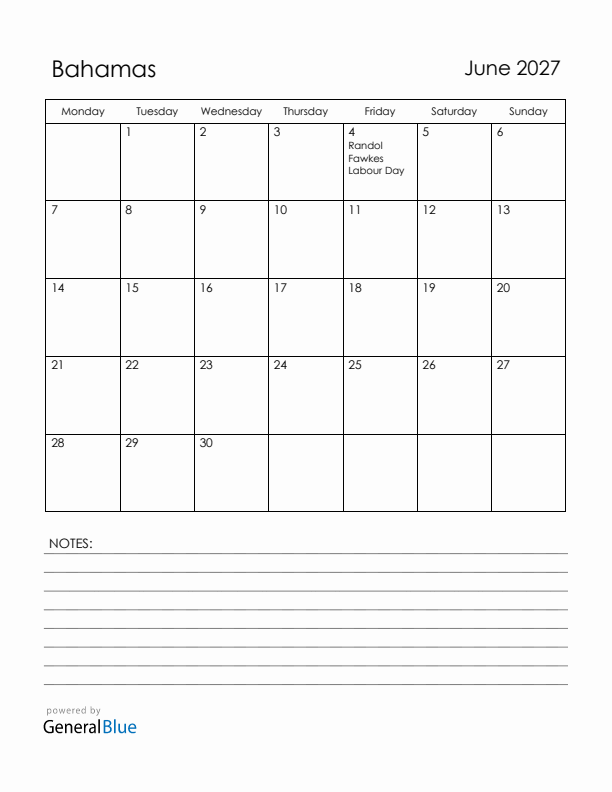 June 2027 Bahamas Calendar with Holidays (Monday Start)
