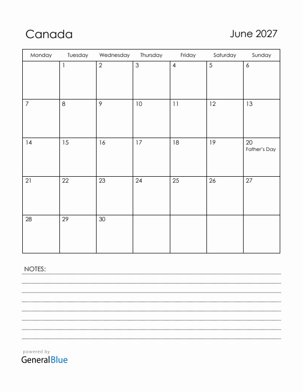 June 2027 Canada Calendar with Holidays (Monday Start)