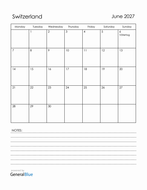 June 2027 Switzerland Calendar with Holidays (Monday Start)