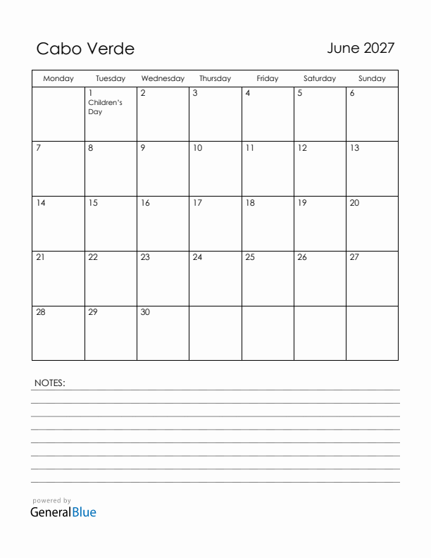 June 2027 Cabo Verde Calendar with Holidays (Monday Start)