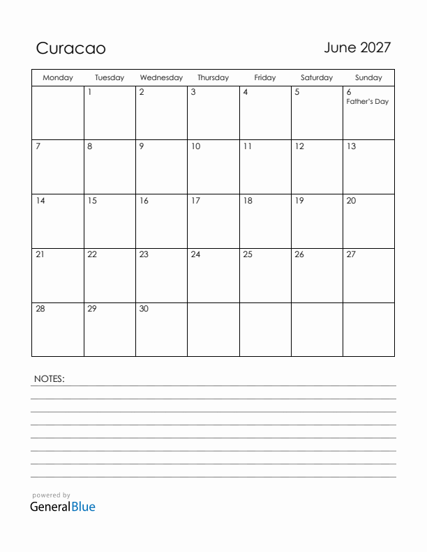 June 2027 Curacao Calendar with Holidays (Monday Start)