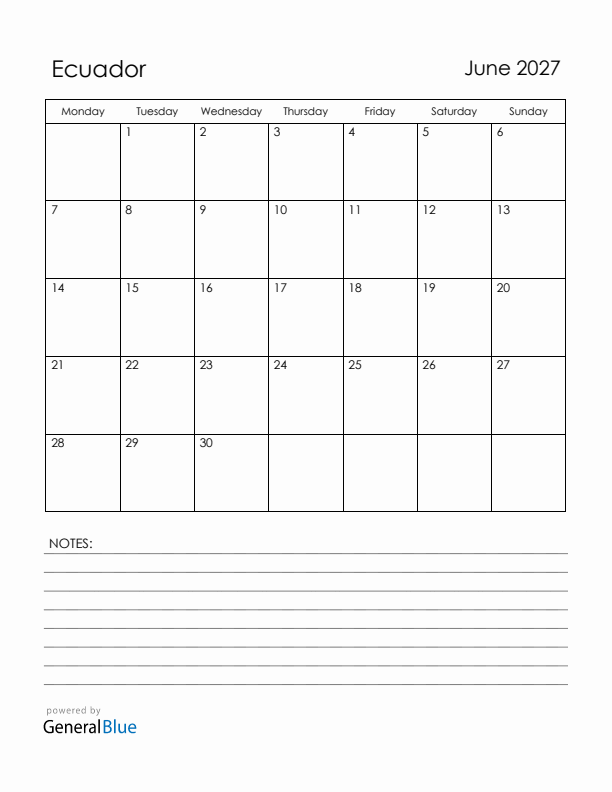 June 2027 Ecuador Calendar with Holidays (Monday Start)