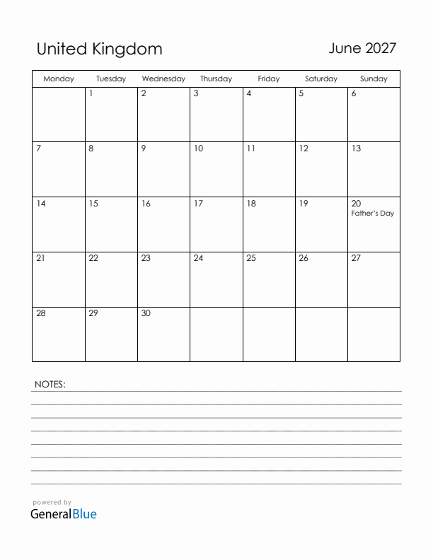 June 2027 United Kingdom Calendar with Holidays (Monday Start)