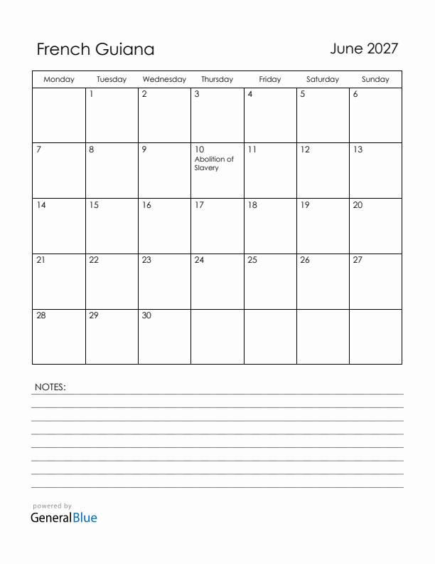 June 2027 French Guiana Calendar with Holidays (Monday Start)