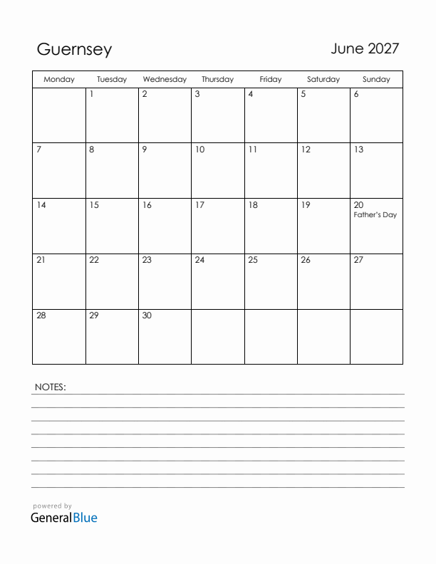 June 2027 Guernsey Calendar with Holidays (Monday Start)
