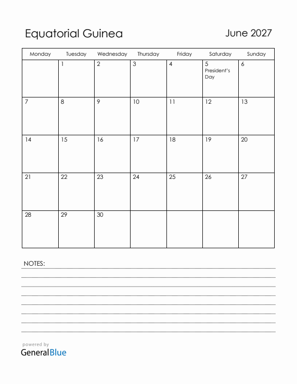 June 2027 Equatorial Guinea Calendar with Holidays (Monday Start)
