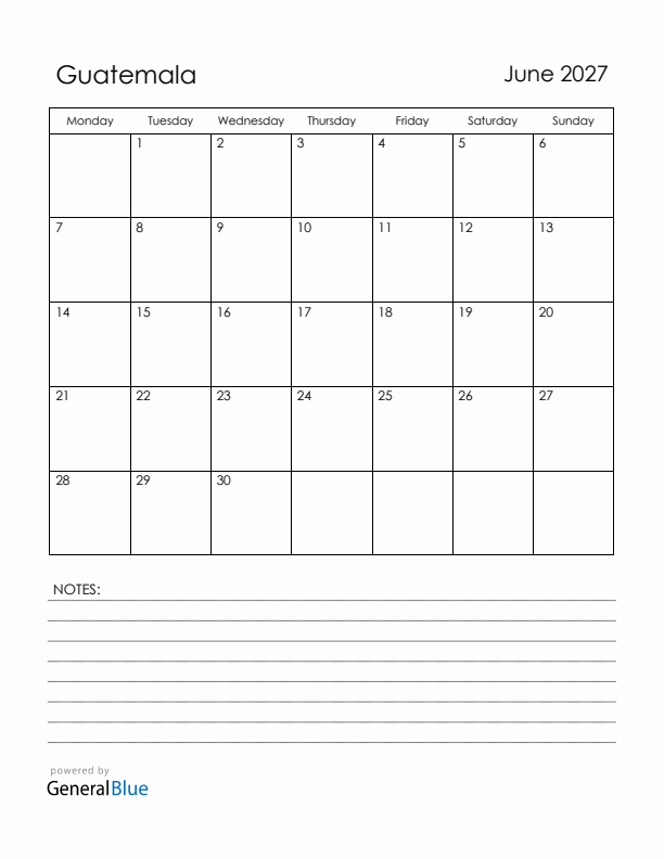 June 2027 Guatemala Calendar with Holidays (Monday Start)