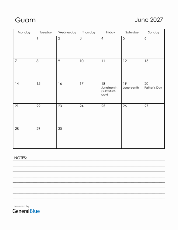 June 2027 Guam Calendar with Holidays (Monday Start)