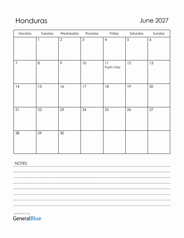June 2027 Honduras Calendar with Holidays (Monday Start)