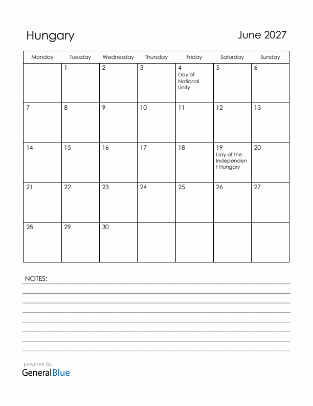 June 2027 Hungary Calendar with Holidays (Monday Start)