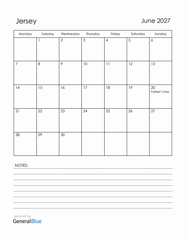 June 2027 Jersey Calendar with Holidays (Monday Start)