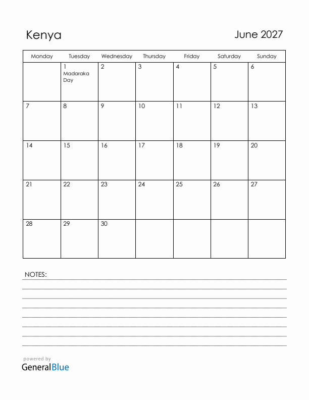 June 2027 Kenya Calendar with Holidays (Monday Start)