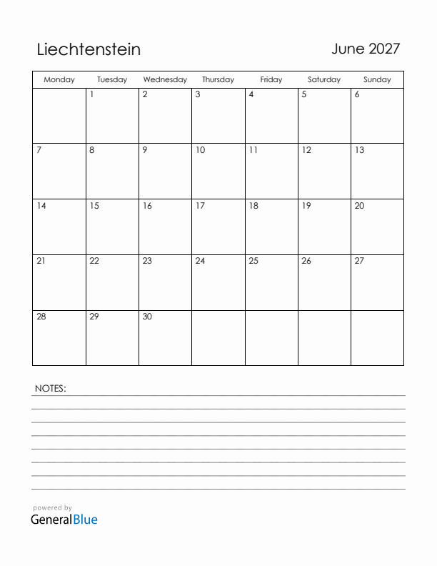 June 2027 Liechtenstein Calendar with Holidays (Monday Start)