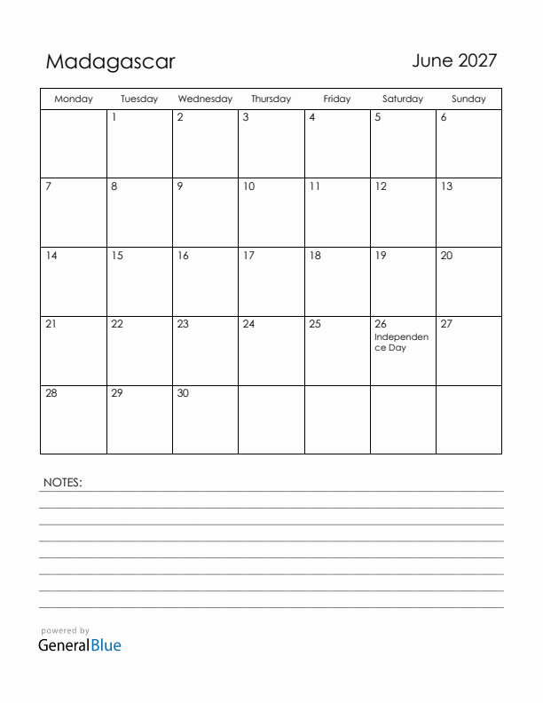 June 2027 Madagascar Calendar with Holidays (Monday Start)