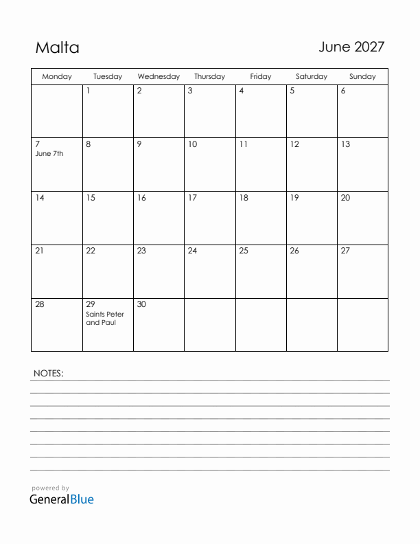 June 2027 Malta Calendar with Holidays (Monday Start)