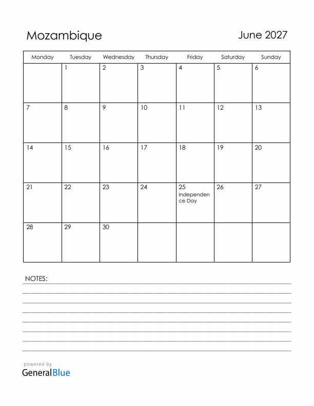 June 2027 Mozambique Calendar with Holidays (Monday Start)