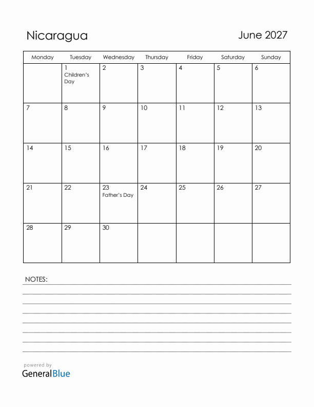 June 2027 Nicaragua Calendar with Holidays (Monday Start)