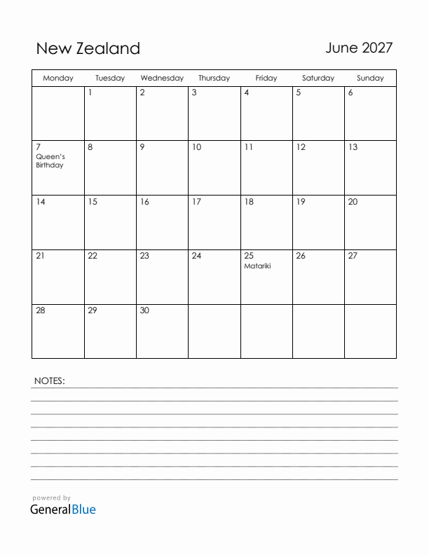 June 2027 New Zealand Calendar with Holidays (Monday Start)