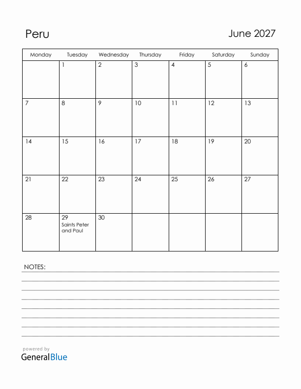 June 2027 Peru Calendar with Holidays (Monday Start)
