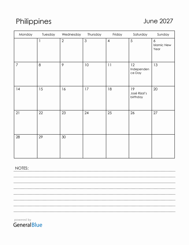 June 2027 Philippines Calendar with Holidays (Monday Start)