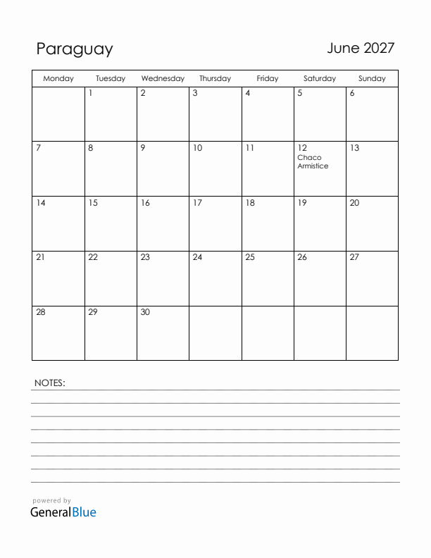 June 2027 Paraguay Calendar with Holidays (Monday Start)