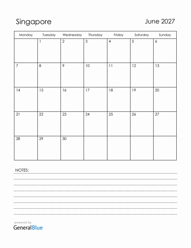 June 2027 Singapore Calendar with Holidays (Monday Start)