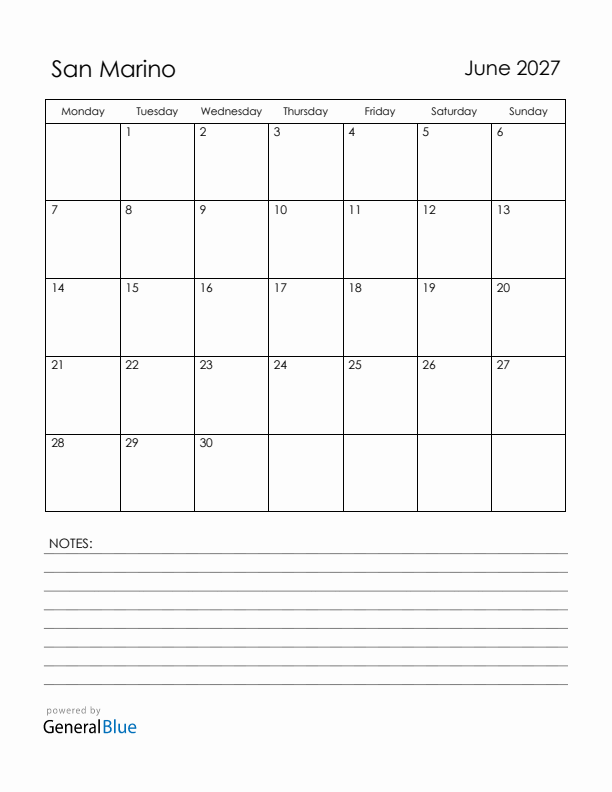 June 2027 San Marino Calendar with Holidays (Monday Start)