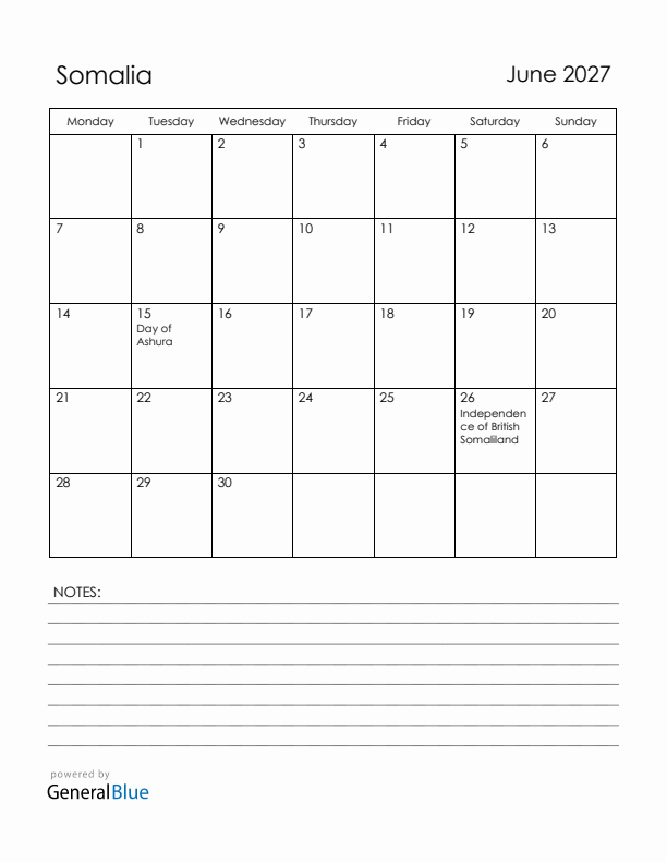 June 2027 Somalia Calendar with Holidays (Monday Start)